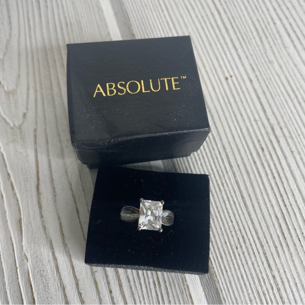 Absolute Simulated Diamond Ring Sterling Emerald Cut 10 With Box Silver